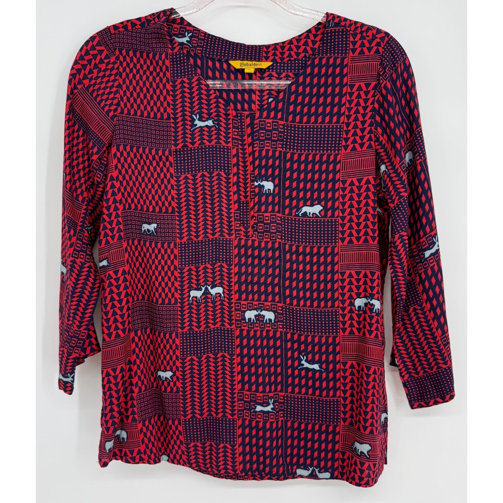 Global Desi Womens Red Navy Blue Geometric Animal Print Tunic Blouse‎ Sz S